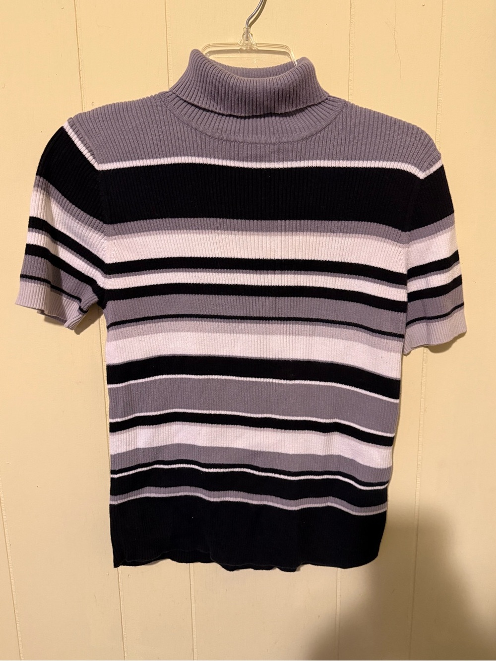 Vintage Ribbed Striped Short-Sleeve Turtleneck Top - Black, Gray & White